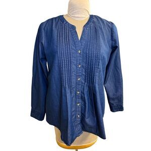 Collections Etc. Lightweight Pintuck Button Front Tunic Sz. L Roll Tab Slvs